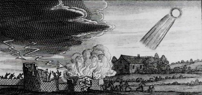 גילוף בעץ משנת 1668 המתאר את השלכותיו ההרסניות של כוכב שביט מהמאה ה-4 לספירה, ככל הנראה. 