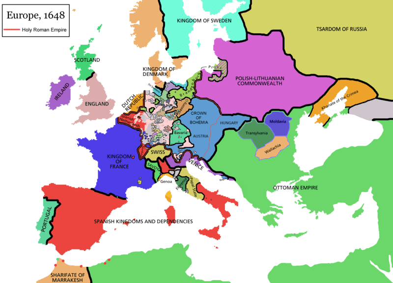 מפת אירופה לאחר הסכמי וסטפליה ב-1648, שהביאו לסיום מלחמת 30 השנה ביבשת