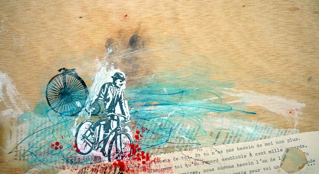 קולאז' על קיר, איש עם אופניים