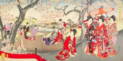 גבירות בארמון של אדו מתפעלות מפריחת הדובדבן, Toyohara Chikanobu 